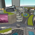 Modern Commercial Street With High Rise Buildings Green Roofs And Pedestrian Walkways