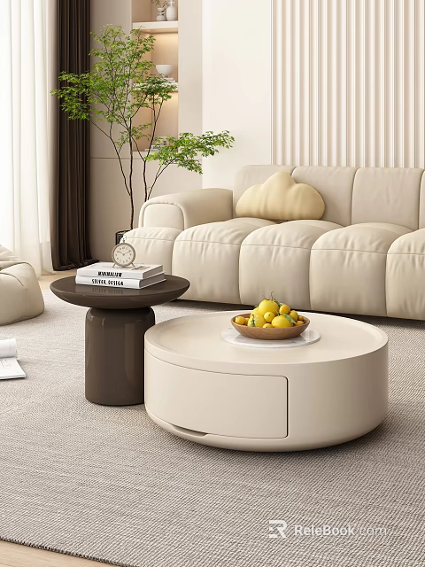 Round White Coffee Table In Modern Living Room With Bowl Of Lemons And Side Table 3d model 