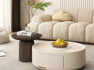 Round White Coffee Table In Modern Living Room With Bowl Of Lemons And Side Table 3d model