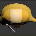 Yellow Chick Toy With White Hat Holding Pink Cup And Silver Spoon