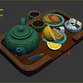 Wooden Tray Setup With Green Teapot Small Bowls Bread Lemon Slices And Sugar Cubes