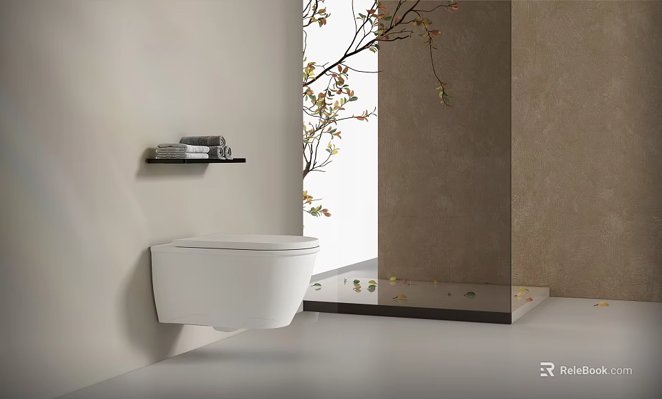 Modern Bathroom Set With Wall Hung Toilet Wall Mounted Shelf With Towels And Stone Wall 3d model 