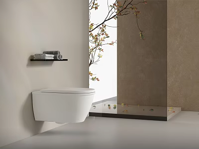 Modern Bathroom Set With Wall Hung Toilet Wall Mounted Shelf With Towels And Stone Wall 3d model