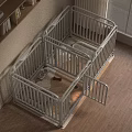 White Pet Playpen With Fenced Design Red Toy Bone And Food Bowls On Wooden Floor
