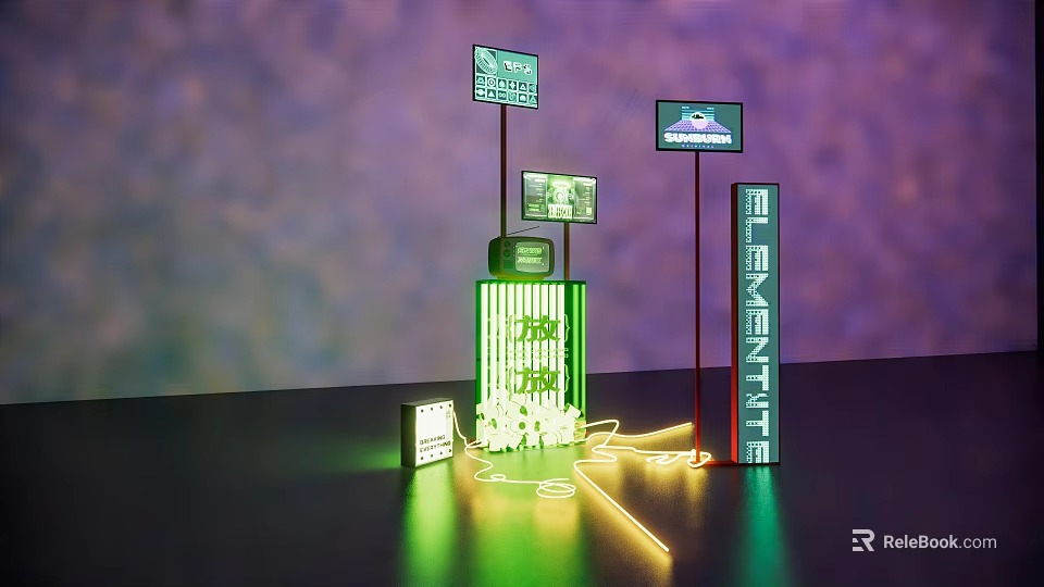 Art Installation With Neon Lights Display Screens And Elements Sign In Modern Setup 3d model