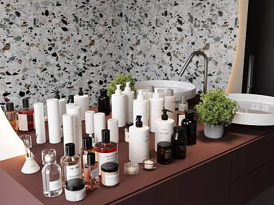 Bathroom With Bath And Body Care Products Terrazzo Tiles And Plants 3d model