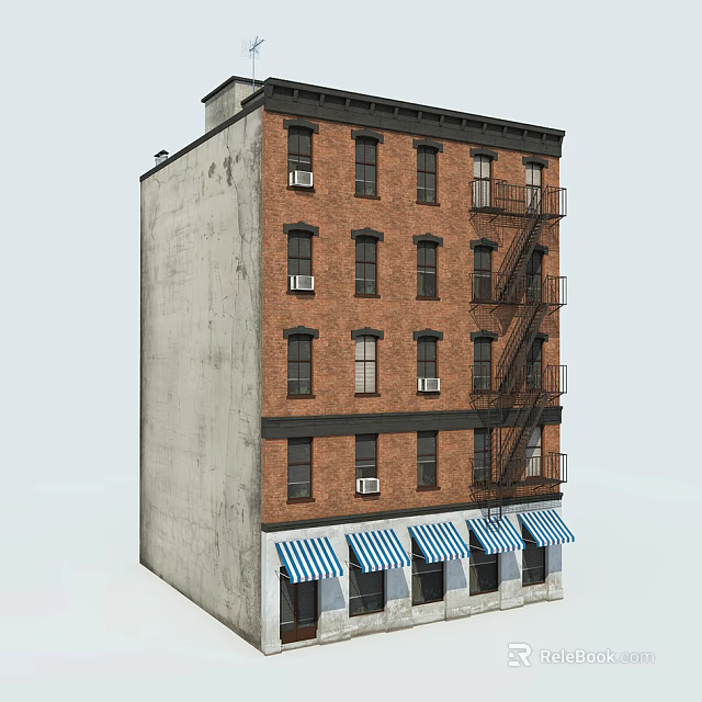Multi Story Brick Building With Fire Escape And Blue White Striped Awnings 3d model 