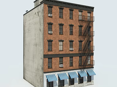 Multi Story Brick Building With Fire Escape And Blue White Striped Awnings 3d model