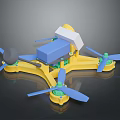 Yellow Blue Drone with Four Propellers Frame White Box and Black Sphere 3d model