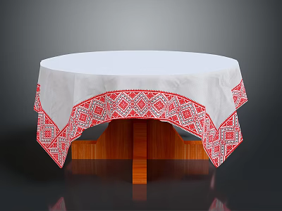 Round Table With White Tablecloth Red Geometric Pattern Embroidery And Wooden Base 3d model