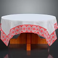 Round Table With White Tablecloth Red Geometric Pattern Embroidery And Wooden Base 3d model