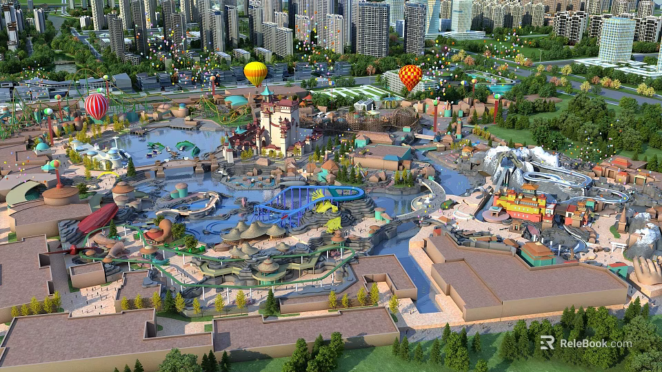 Aerial View Planning of Amusement Park with Rides Water Features Hot Air Balloons and Greenery 3d model 