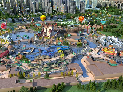 Aerial View Planning of Amusement Park with Rides Water Features Hot Air Balloons and Greenery 3d model