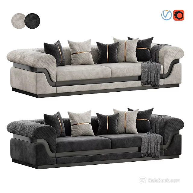 Elegant Modern Two Seater Sofa with Black Beige Cushions Gold Trim Throw Blanket 3d model 