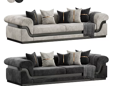 Elegant Modern Two Seater Sofa with Black Beige Cushions Gold Trim Throw Blanket 3d model