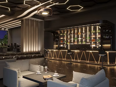 Modern Bar Interior Design With Stylish Counter Sofas Lighting And Liquor Racks 3d model