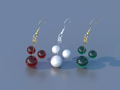 Stylish Jewelry Earrings With Two Spherical Pendants Red White Green Gold Silver Hooks 3d model