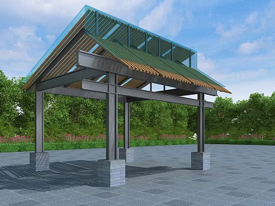 Modern Pergola With Green Roof Metal Structure Glass Elements And Stone Pillars In Park 3d model
