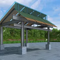 Modern Pergola With Green Roof Metal Structure Glass Elements And Stone Pillars In Park
