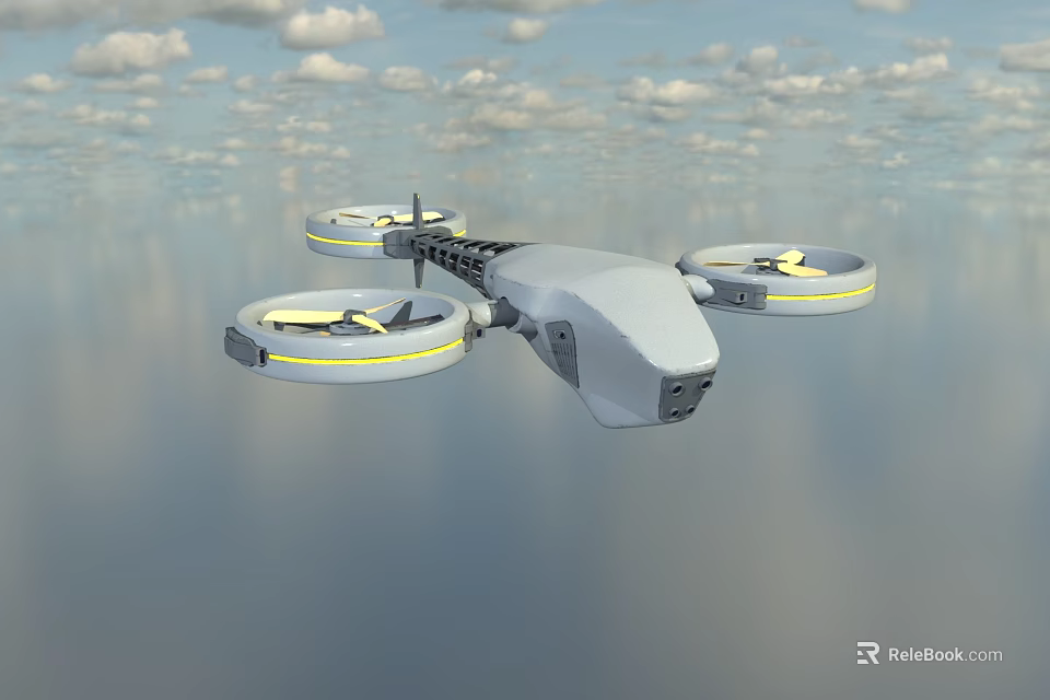 White Drone With Four Propellers And Yellow Stripes Flying In Blue Sky And Clouds 3d model 