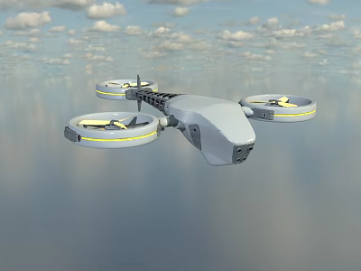 White Drone With Four Propellers And Yellow Stripes Flying In Blue Sky And Clouds 3d model