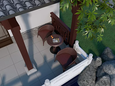 Two Leisure Chairs In Chinese Style Courtyard Pavilion With Small Table And Green Plants 3d model