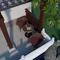 Two Leisure Chairs In Chinese Style Courtyard Pavilion With Small Table And Green Plants