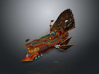 Fantasy Decorative Ship With Red Gold Accents Flags Wing Like Structures And Glowing Elements 3d model