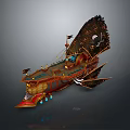 Fantasy Decorative Ship With Red Gold Accents Flags Wing Like Structures And Glowing Elements 3d model