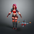 Red-haired Female Warrior in Armor with Skull Patterned Attire and Mechanical Winged Creature 3d model