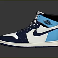 High Top Blue White Sneakers With Light Blue Accents Logo On Tongue Collar White Sole
