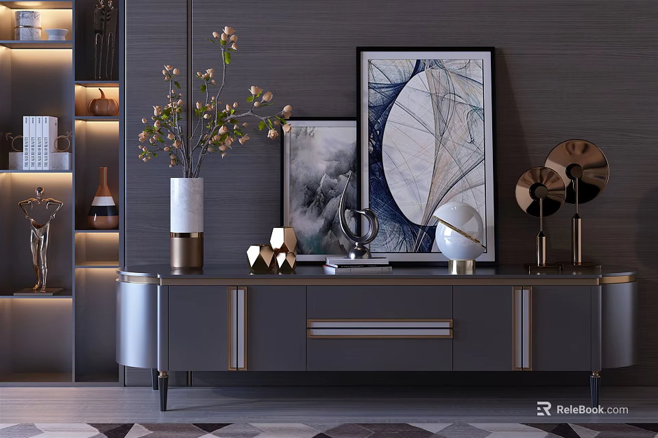 Modern Entryway Sideboard Cabinet With Framed Paintings Ceramic Vases And Decorative Ornaments 3d model 