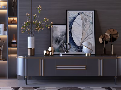 Modern Entryway Sideboard Cabinet With Framed Paintings Ceramic Vases And Decorative Ornaments 3d model