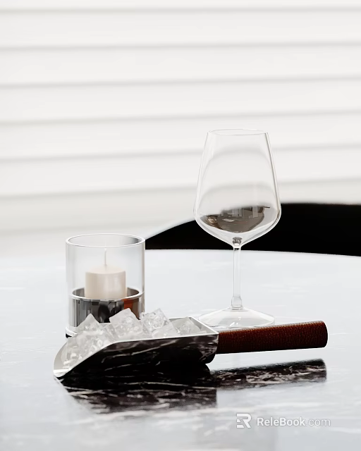 Elegant Decorative Ornament Set With Wine Glass Candle Ice Scoop And Ice Cubes 3d model 