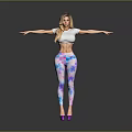 Woman In White Top With Colorful Tie Dye Leggings And Purple High Heels Arms Outstretched