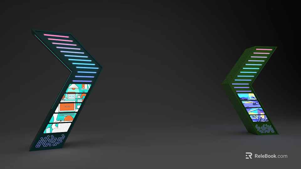Two Green Geometric Structures With Colorful Lights And Internal Patterns 3d model