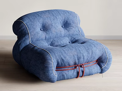 Plush Blue Fabric Single Seater Sofa With Button Tufted Design And Red Straps 3d model