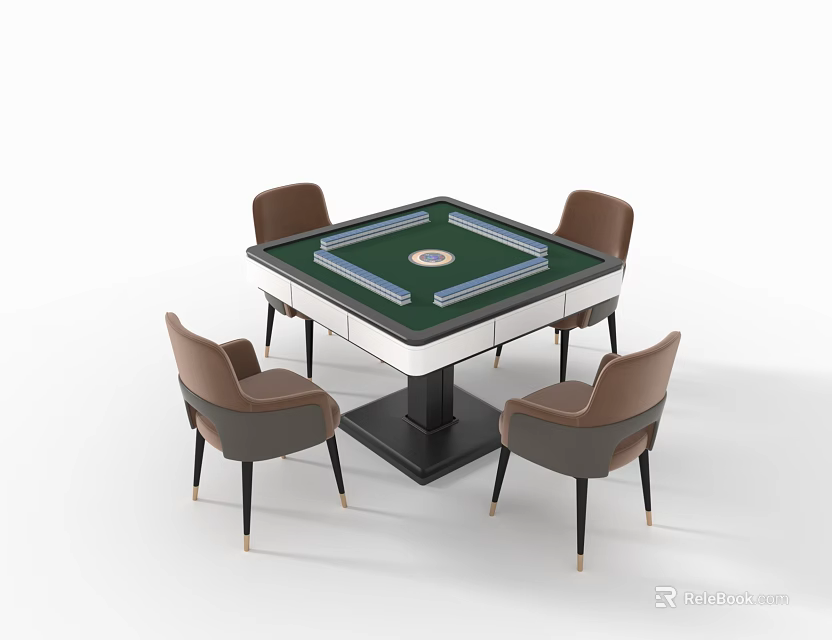 Modern Square Entertainment Table With Green Surface And Four Brown Chairs 3d model 