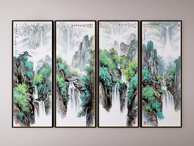 Four Panel Chinese Landscape Painting Featuring Waterfalls Mountain Peaks And Misty Trees 3d model