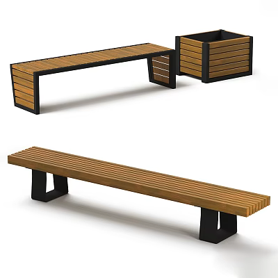 Outdoor Wooden Slat Chairs With Black Metal Frames And Modern Bench Design 3d model