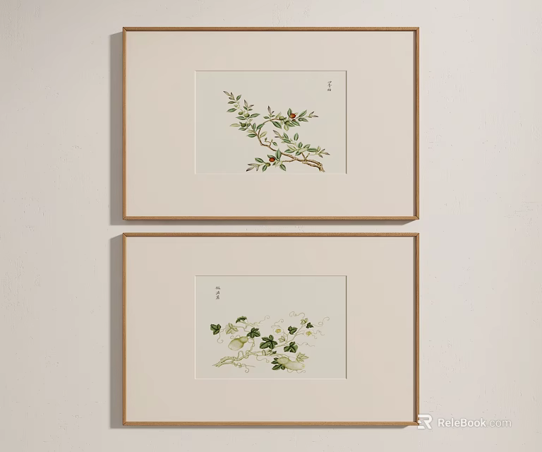 Botanical Plant Paintings In Wooden Frames Hung On White Wall With Green Leaves And Branches 3d model 