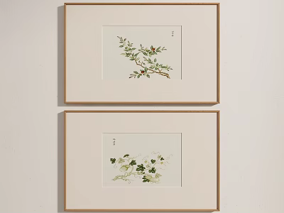 Botanical Plant Paintings In Wooden Frames Hung On White Wall With Green Leaves And Branches 3d model