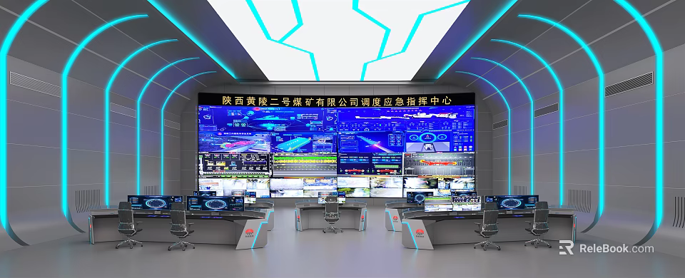 Coal Mine Dispatching Monitoring Room Command Center With Large Screens And Control Consoles 3d model 