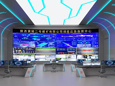 Coal Mine Dispatching Monitoring Room Command Center With Large Screens And Control Consoles 3d model