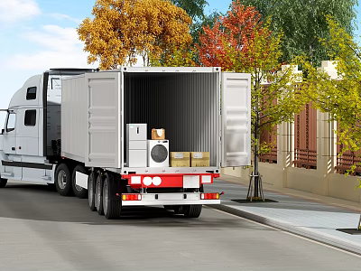 White Truck with Open Trailer Loaded Boxes and Packages Near Autumn Trees on Roadside 3d model