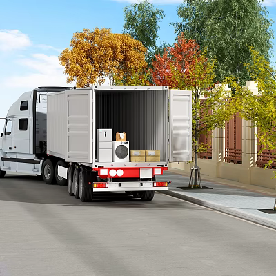 White Truck with Open Trailer Loaded Boxes and Packages Near Autumn Trees on Roadside 3d model