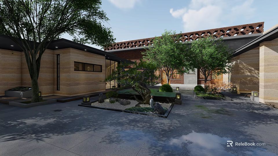 Traditional Courtyard Garden Design With Lush Trees Green Plants And Stone Decorations 3d model 