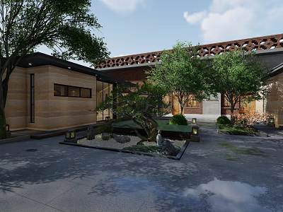 Traditional Courtyard Garden Design With Lush Trees Green Plants And Stone Decorations 3d model