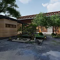 Traditional Courtyard Garden Design With Lush Trees Green Plants And Stone Decorations