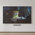 Wall Mounted TV Displaying SpongeBob SquarePants In Modern Living Room With Sculpture